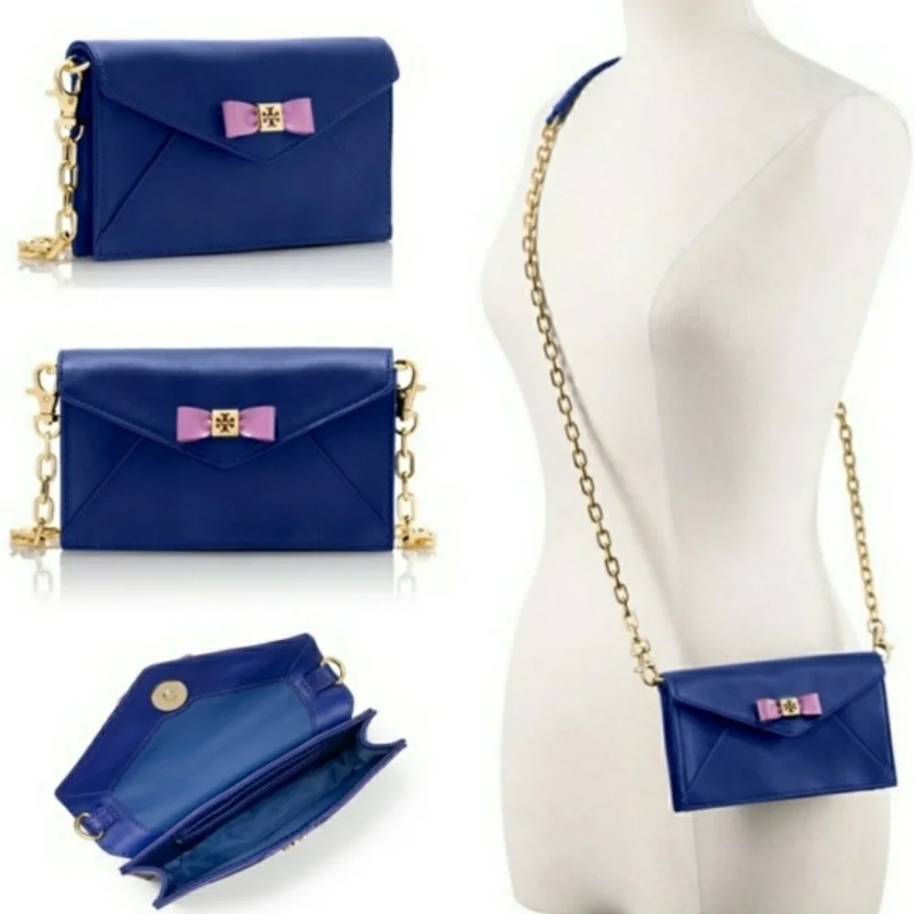 Tory Burch Blue Leather Envelope Mini Crossbody Purse Bag with Pink Bow